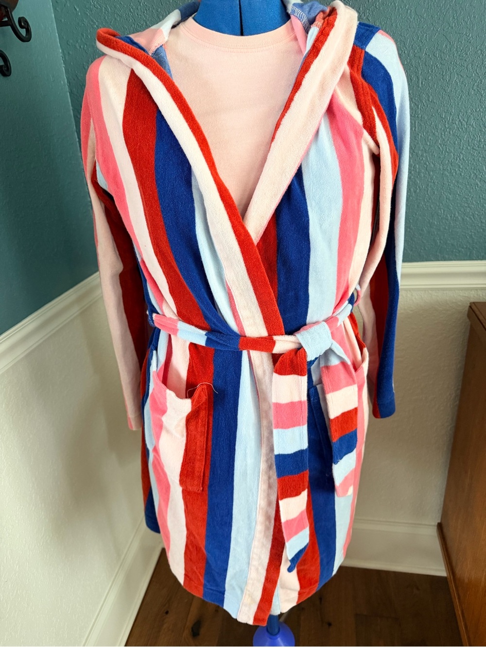Ladies Short Terry cloth Hooded Bathrobe - striped Pink, Red & Blue